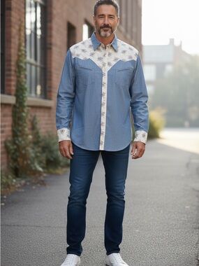 Tin Haul Blue Western Button-Down Shirt with Floral Yoke
